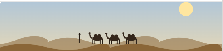 The image depicts a serene desert landscape with three camels silhouetted against a backdrop of a clear blue sky and a setting sun.
AI-generated content may be incorrect.