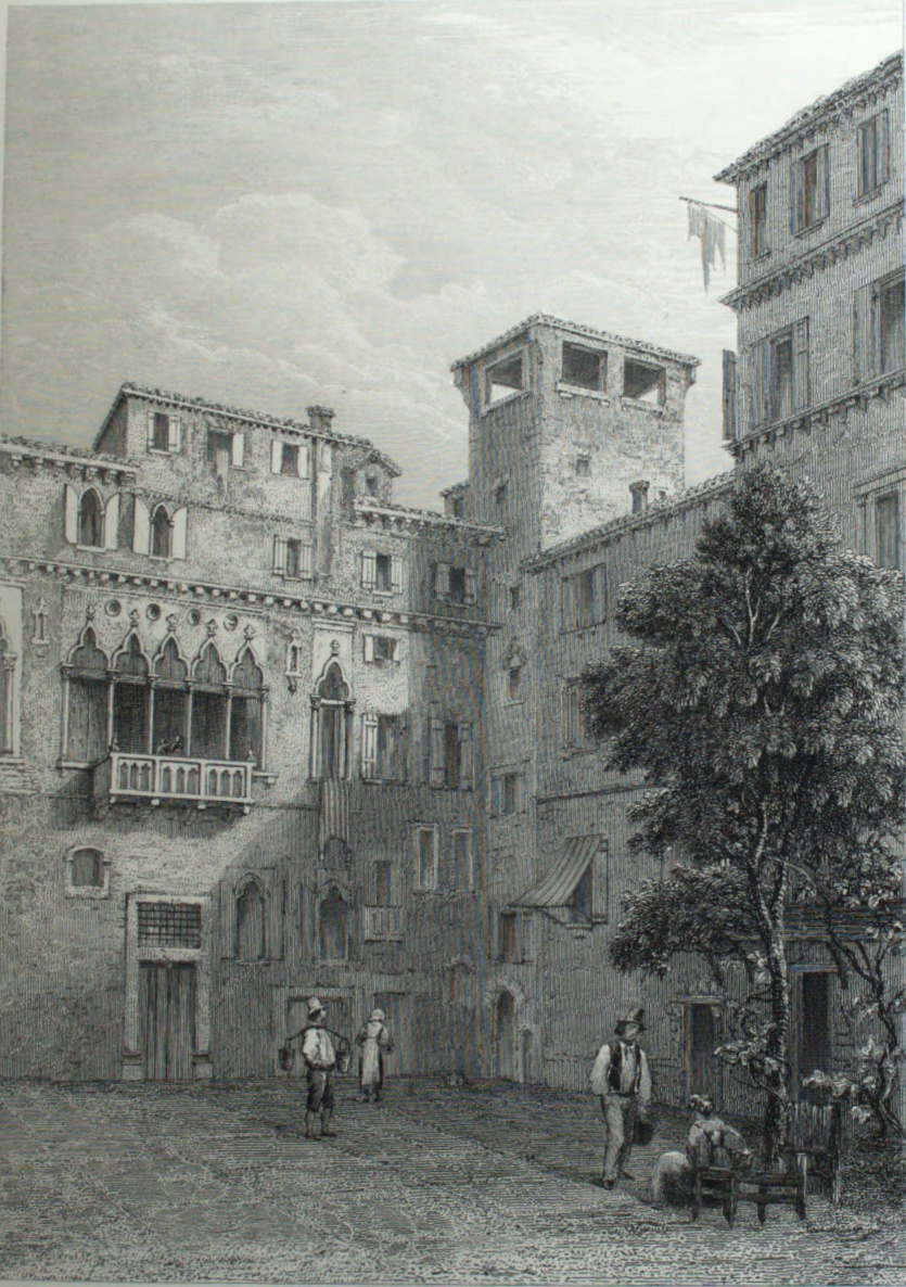 An engraving of Marco Polo’s house in Venice: a narrow cobbled street lined with Renaissance-style buildings with ornate facades, a few figures strolling by.